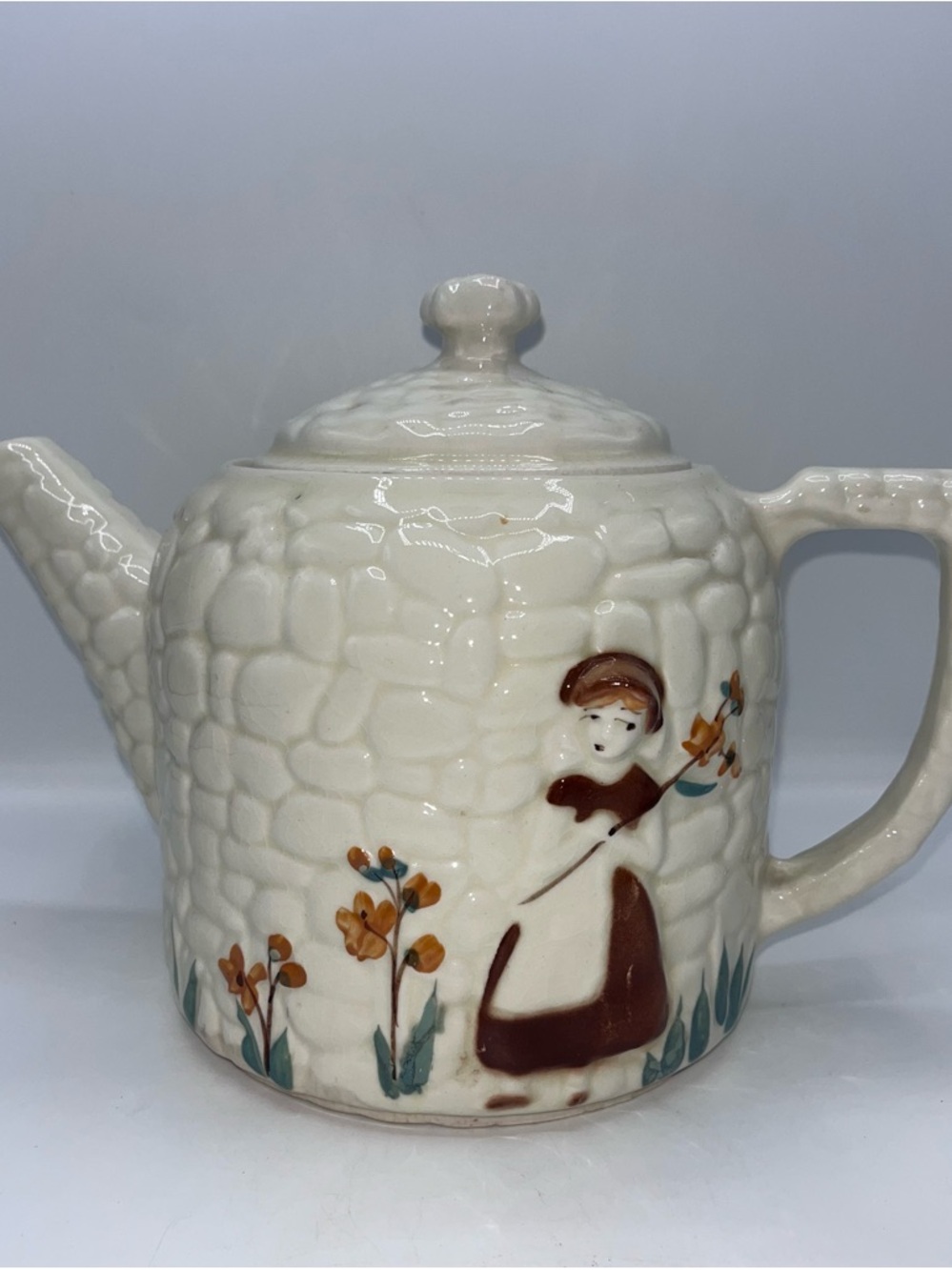 Hand-Painted Cream Ceramic Teapot with Brown Accent